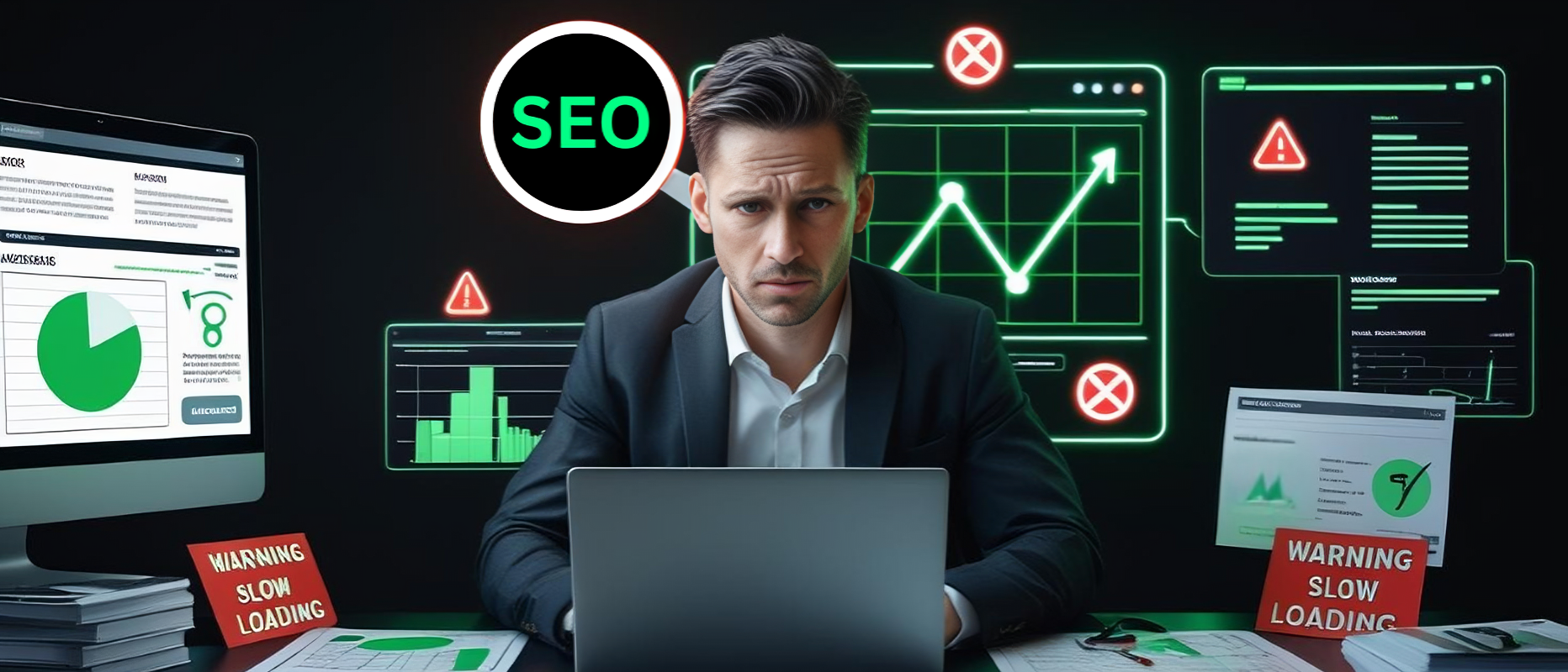 Confused business owner facing common SEO mistakes on screen