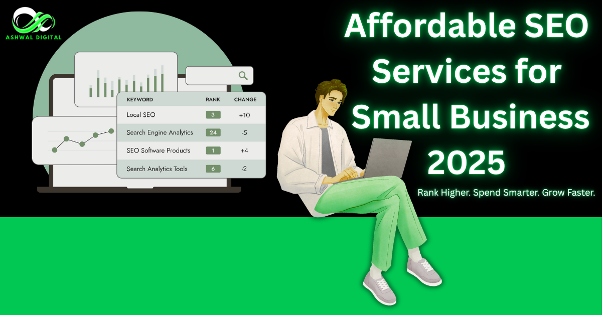 "Person working on laptop with SEO charts and keyword rankings showing affordable SEO services for small business 2025"